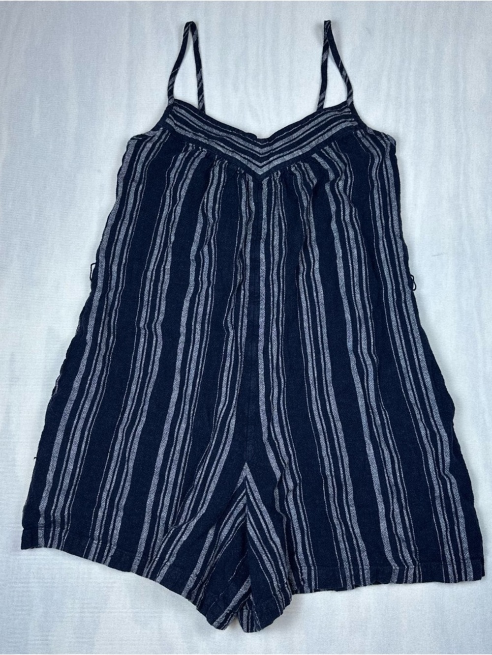 Uniqlo Women’s Striped Navy and White Spaghetti Strap Linen Romper Size: Small